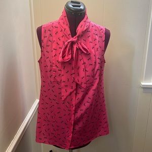 Hot pink Loft top with tie neck and cute ribbon (bow) print